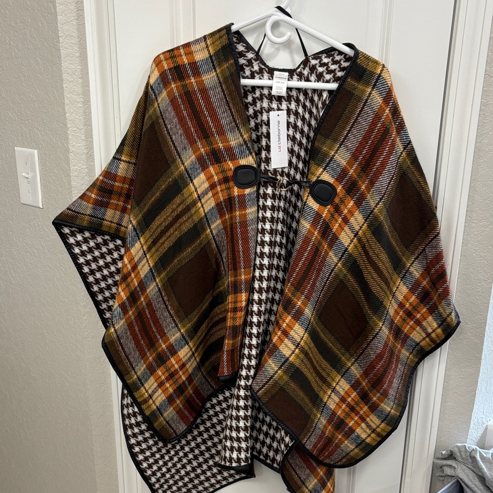 Liz Claiborne Plaid Cape - Brown, Orange, Yellow